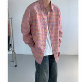 Threebooy Autumn Long Sleeved Shirt Men Fashion Color Plaid Shirt Men Streetwear Korean Loose Casual Shirt Mens Oversized Vintage Shirts
